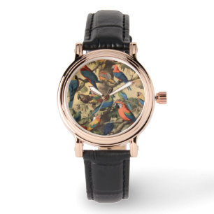 Vintage botanical scene colourful parrots in a tre watch