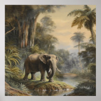 Vintage botanical scene elephant by jungle river