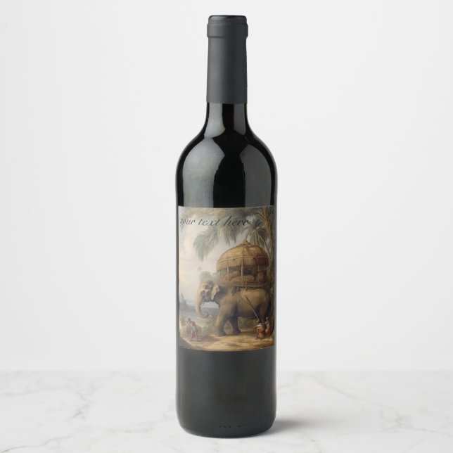 Vintage botanical scene elephant  customisable wine label (Front)
