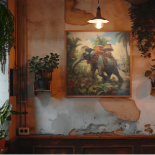 Vintage botanical scene elephant with howdah canvas print