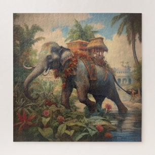 Vintage botanical scene elephant with howdah jigsaw puzzle