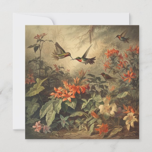 Vintage botanical scene hummingbirds and flowers (Front)