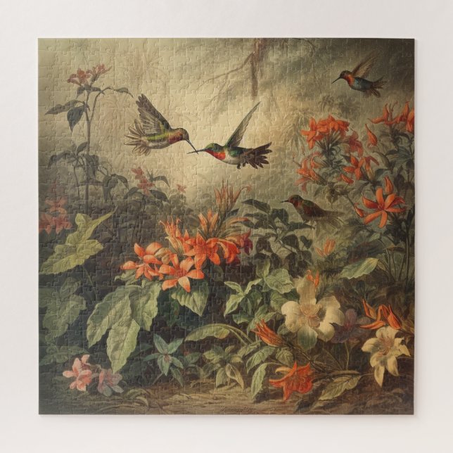 Vintage botanical scene hummingbirds and flowers jigsaw puzzle (Vertical)