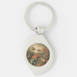 Vintage botanical scene: hummingbirds and flowers key ring