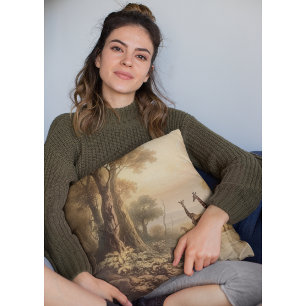 Vintage Botanical Scene Of Giraffes By A Riverbank Cushion