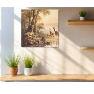 Vintage botanical scene of giraffes by the river canvas print