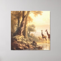 Vintage botanical scene of giraffes by the river