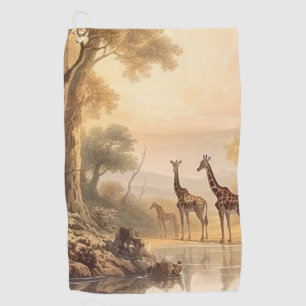 Vintage botanical scene of giraffes by the river golf towel