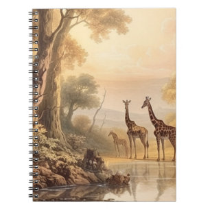 Vintage botanical scene of giraffes by the river notebook