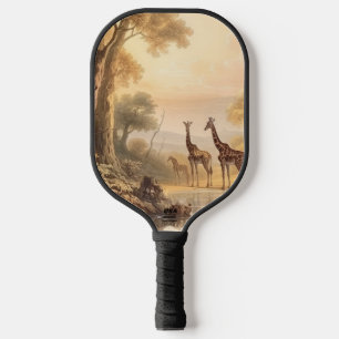 Vintage botanical scene of giraffes by the river pickleball paddle