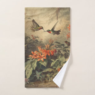 Vintage botanical scene of hummingbirdsand flowers bath towel set