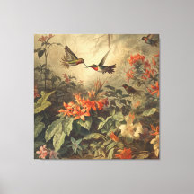 Vintage botanical scene of hummingbirdsand flowers