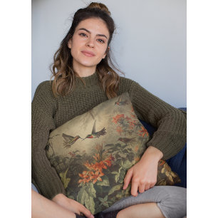 Vintage botanical scene of hummingbirdsand flowers cushion