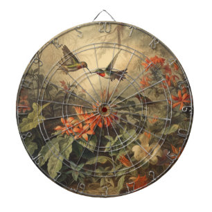 Vintage botanical scene of hummingbirdsand flowers dartboard