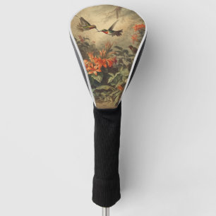 Vintage botanical scene of hummingbirdsand flowers golf head cover