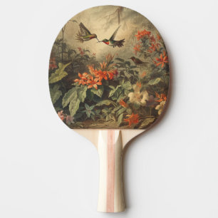 Vintage botanical scene of hummingbirdsand flowers ping pong paddle