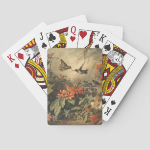 Vintage botanical scene of hummingbirdsand flowers playing cards