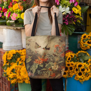 Vintage botanical scene of hummingbirdsand flowers tote bag