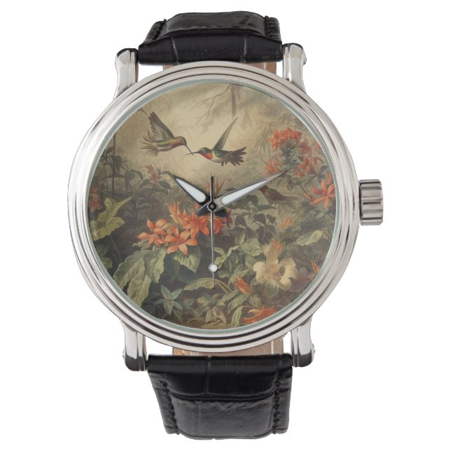 Vintage botanical scene of hummingbirdsand flowers watch (Front)