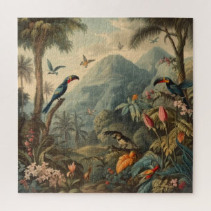 Vintage botanical scene of parrots and flowers jigsaw puzzle