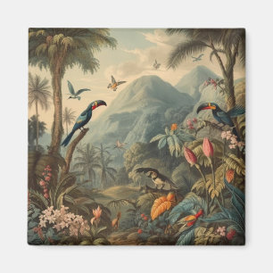 Vintage botanical scene of parrots and flowers magnet