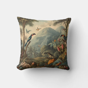 Vintage botanical scene of Toucans and flowers Cushion