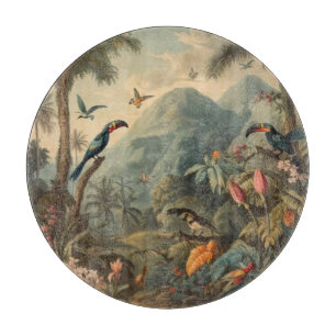 Vintage botanical scene of toucans and flowers cutting board