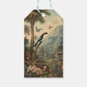 Vintage botanical scene of toucans and flowers gift tags