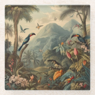 Vintage botanical scene of Toucans and flowers Glass Coaster