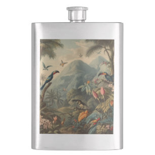 Vintage botanical scene of toucans and flowers hip flask
