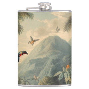 Vintage botanical scene of toucans and flowers hip flask
