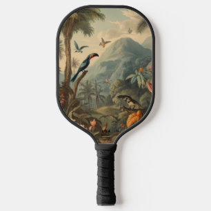 Vintage botanical scene of toucans and flowers pickleball paddle