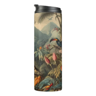 Vintage botanical scene of toucans and flowers thermal tumbler