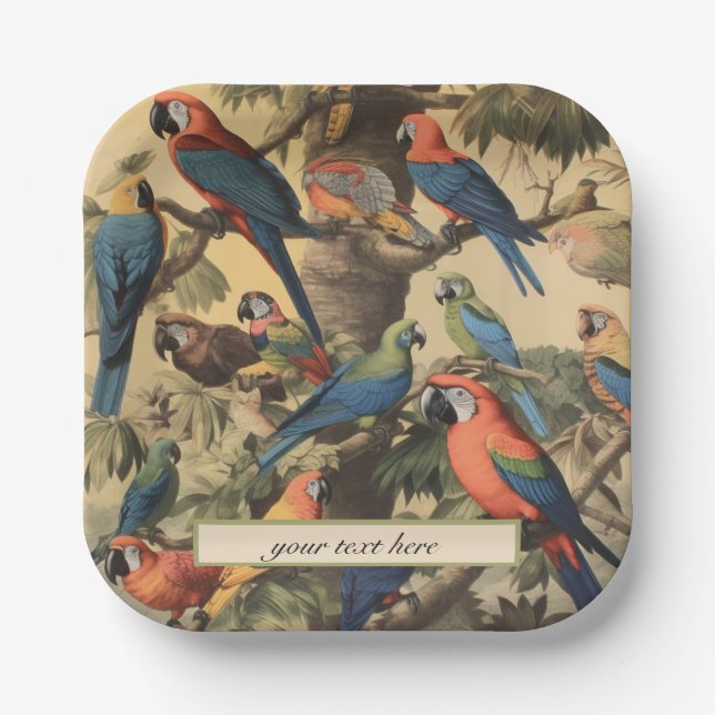 Vintage botanical scene parrots customisable  paper plate (Front)