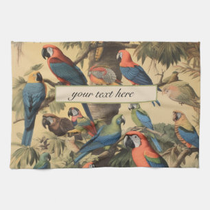 Vintage botanical scene parrots customisable tea towel
