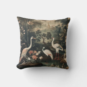 Vintage botanical scene white bird and palace cushion