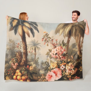 Vintage Botanical Scene with Palms Fleece Blanket