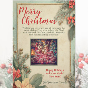 Vintage Botanical Seasons Greetings Family Photo C Holiday Card