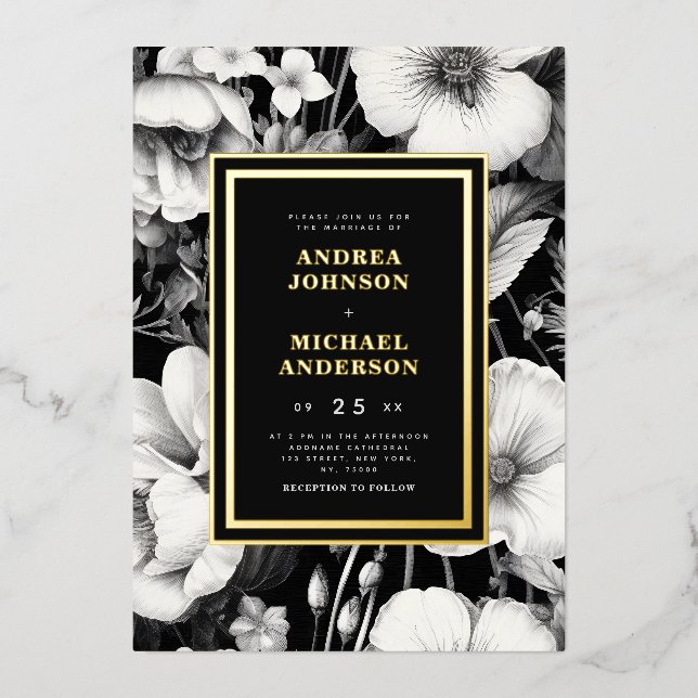 Vintage Botanical Sketch Black Floral Wedding Real (Front)