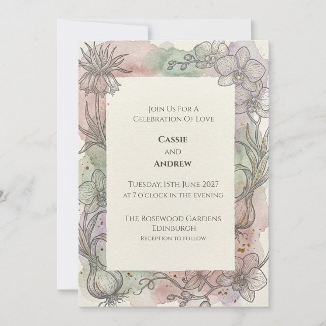 Vintage Botanical Sketch Floral Wedding Invitation (Front)