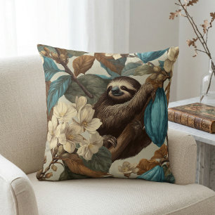 Vintage Botanical Sloth Teal Brown Tropical Floral Cushion