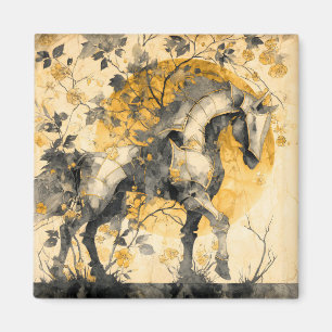 Vintage Botanical Spirit White Horse Floral Vines Magnet