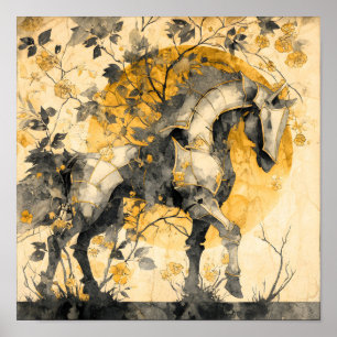 Vintage Botanical Spirit White Horse Floral Vines Poster