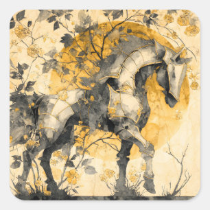 Vintage Botanical Spirit White Horse Floral Vines Square Sticker