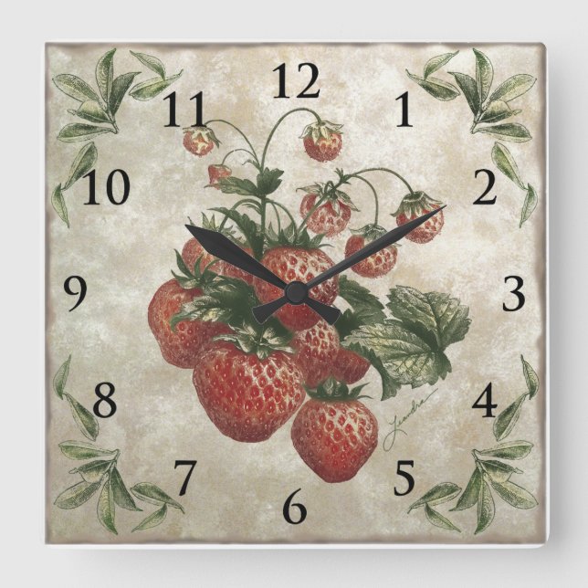 Vintage Botanical Strawberries Fruit Square Wall Clock (Front)