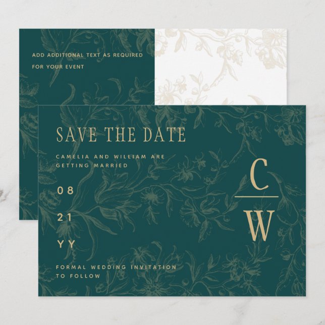 Vintage BOTANICAL TEAL GOLD Wedding Save The Date (Front/Back)
