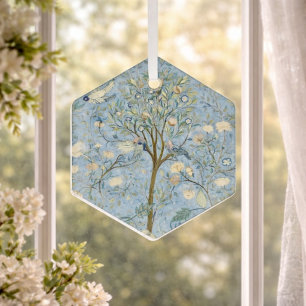 Vintage Botanical Tree of Life with Birds  Glass Tree Decoration