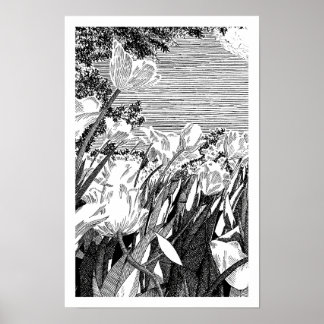 Vintage Botanical Tulip Field Line Art Drawing Poster