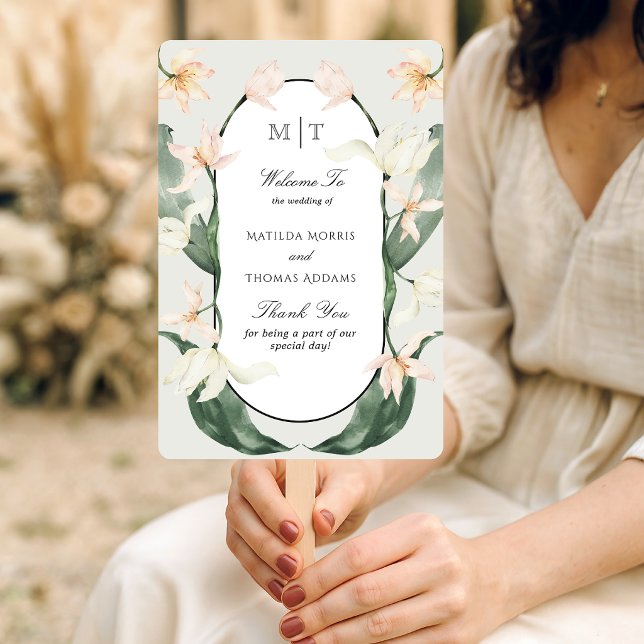 Vintage Botanical Tulips Monogram Wedding Program Hand Fan (Creator Uploaded)