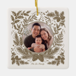 Vintage Botanical Two Photo Family - Brown Ceramic Ornament